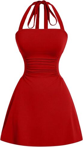 SOLY HUX Women's Summer Halter Mini Dress Backless Sleeveless Ruched A Line Graduation Dresses Sundress Back to School in Saudi Arabia