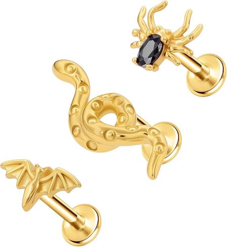 3Pcs Threadless Cartilage Earrings for Women 16G 18G Flat Back Stud 316L Stainless Steel Bat Spider Snake Halloween Helix Tragus Rook Piercing Jewelry in Saudi Arabia