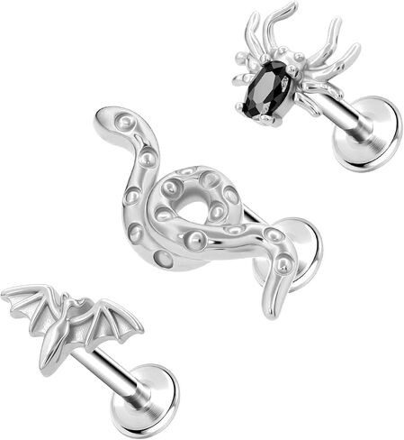 3Pcs Threadless Cartilage Earrings for Women 16G 18G Flat Back Stud 316L Stainless Steel Bat Spider Snake Halloween Helix Tragus Rook Piercing Jewelry in Saudi Arabia