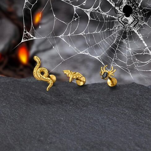 3Pcs Threadless Cartilage Earrings for Women 16G 18G Flat Back Stud 316L Stainless Steel Bat Spider Snake Halloween Helix Tragus Rook Piercing Jewelry in Saudi Arabia