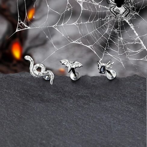 3Pcs Threadless Cartilage Earrings for Women 16G 18G Flat Back Stud 316L Stainless Steel Bat Spider Snake Halloween Helix Tragus Rook Piercing Jewelry in Saudi Arabia