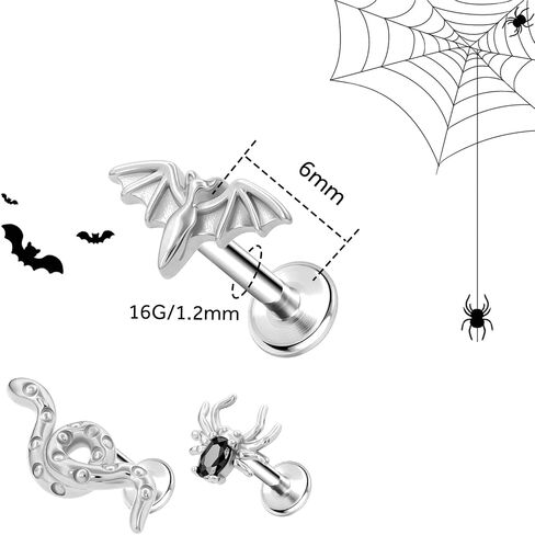 3Pcs Threadless Cartilage Earrings for Women 16G 18G Flat Back Stud 316L Stainless Steel Bat Spider Snake Halloween Helix Tragus Rook Piercing Jewelry in Saudi Arabia
