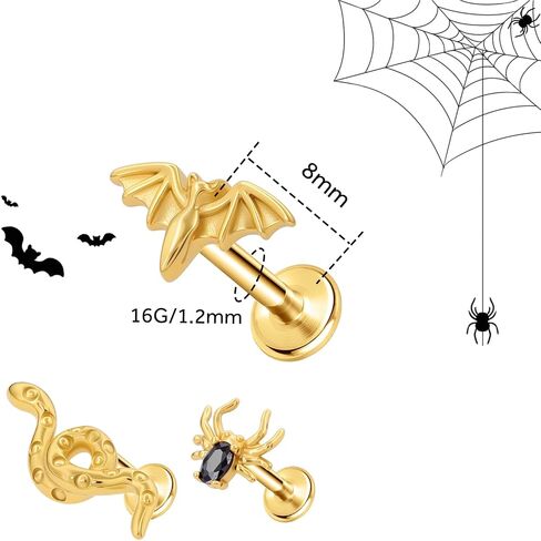 3Pcs Threadless Cartilage Earrings for Women 16G 18G Flat Back Stud 316L Stainless Steel Bat Spider Snake Halloween Helix Tragus Rook Piercing Jewelry in Saudi Arabia