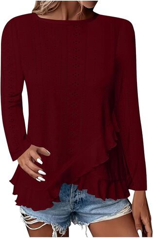 Long Sleeve Eyelet Tops for Women 2025 Ruffle Hem Tunic Shirts Business Casual Work Blouse Spring Fashion Clothes in Saudi Arabia