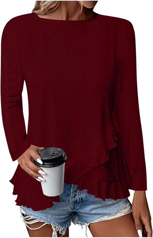 Long Sleeve Eyelet Tops for Women 2025 Ruffle Hem Tunic Shirts Business Casual Work Blouse Spring Fashion Clothes in Saudi Arabia