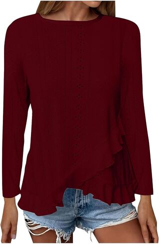 Long Sleeve Eyelet Tops for Women 2025 Ruffle Hem Tunic Shirts Business Casual Work Blouse Spring Fashion Clothes in Saudi Arabia