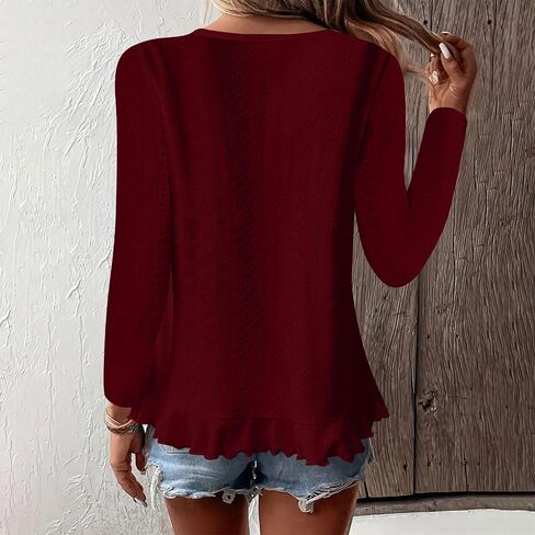 Long Sleeve Eyelet Tops for Women 2025 Ruffle Hem Tunic Shirts Business Casual Work Blouse Spring Fashion Clothes in Saudi Arabia