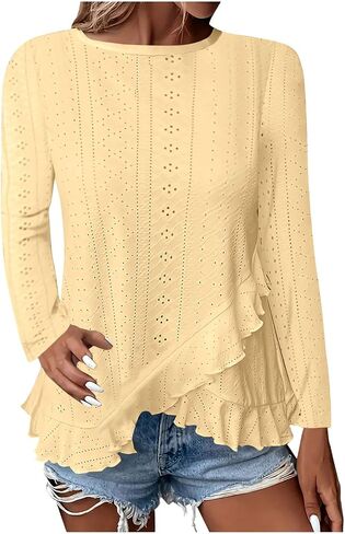 Long Sleeve Eyelet Tops for Women 2025 Ruffle Hem Tunic Shirts Business Casual Work Blouse Spring Fashion Clothes in Saudi Arabia