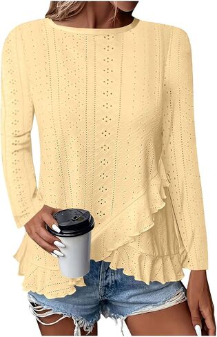 Long Sleeve Eyelet Tops for Women 2025 Ruffle Hem Tunic Shirts Business Casual Work Blouse Spring Fashion Clothes in Saudi Arabia