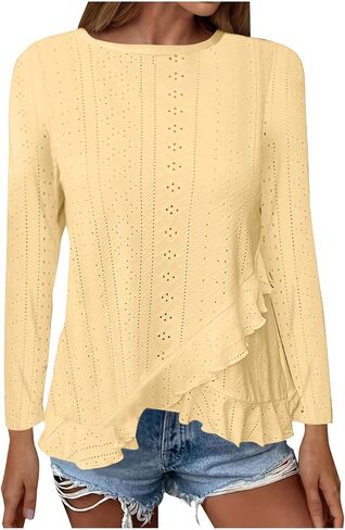 Long Sleeve Eyelet Tops for Women 2025 Ruffle Hem Tunic Shirts Business Casual Work Blouse Spring Fashion Clothes in Saudi Arabia