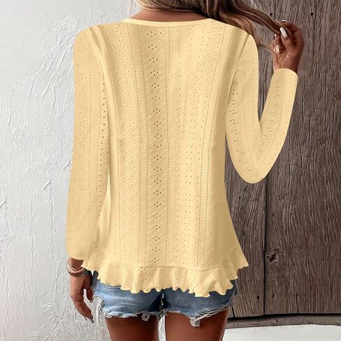 Long Sleeve Eyelet Tops for Women 2025 Ruffle Hem Tunic Shirts Business Casual Work Blouse Spring Fashion Clothes in Saudi Arabia