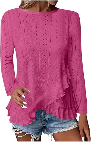 Long Sleeve Eyelet Tops for Women 2025 Ruffle Hem Tunic Shirts Business Casual Work Blouse Spring Fashion Clothes in Saudi Arabia
