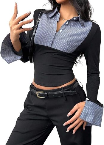 Womens Long Sleeve Button Up Shirt Spring Summer Striped Slimming Fit Blouse Tops in Saudi Arabia
