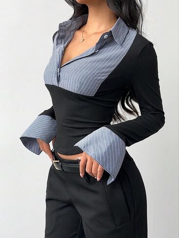 Womens Long Sleeve Button Up Shirt Spring Summer Striped Slimming Fit Blouse Tops in Saudi Arabia