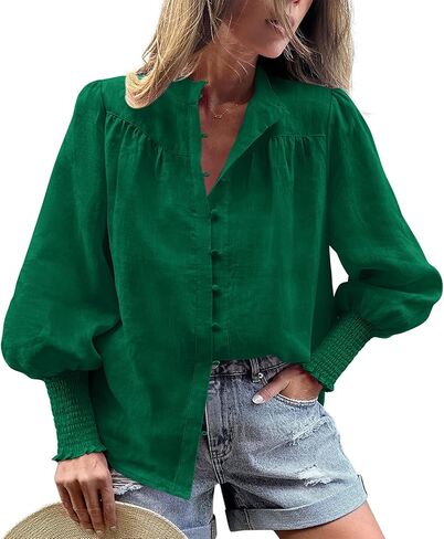 PRETTYGARDEN Women’s Spring Long Sleeve Tops Dressy Casual Button Down Smocked Cuffed Office Business Work Blouses Shirts in Saudi Arabia