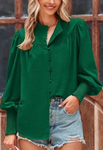PRETTYGARDEN Women’s Spring Long Sleeve Tops Dressy Casual Button Down Smocked Cuffed Office Business Work Blouses Shirts in Saudi Arabia