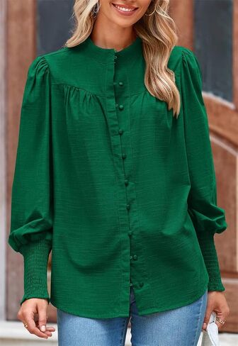 PRETTYGARDEN Women’s Spring Long Sleeve Tops Dressy Casual Button Down Smocked Cuffed Office Business Work Blouses Shirts in Saudi Arabia