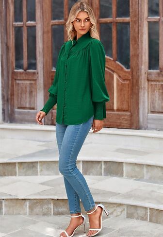 PRETTYGARDEN Women’s Spring Long Sleeve Tops Dressy Casual Button Down Smocked Cuffed Office Business Work Blouses Shirts in Saudi Arabia