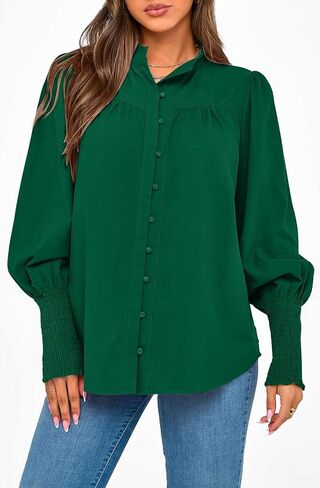 PRETTYGARDEN Women’s Spring Long Sleeve Tops Dressy Casual Button Down Smocked Cuffed Office Business Work Blouses Shirts in Saudi Arabia