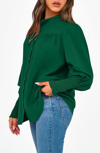 PRETTYGARDEN Women’s Spring Long Sleeve Tops Dressy Casual Button Down Smocked Cuffed Office Business Work Blouses Shirts in Saudi Arabia