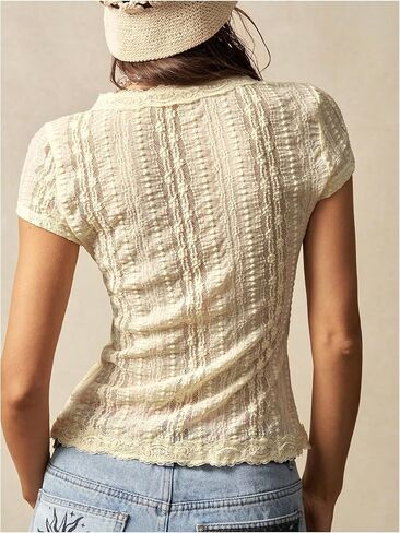 Women's Lace Sheer Mesh Shirt V Neck Button Down Shirts Short Sleeve Casual Dressy Tops in Saudi Arabia
