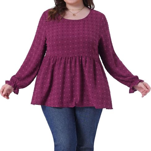 Agnes Orinda Plus Size Tops for Women Babydoll Round Neck Long Sleeve Tiered Swiss Dots Blouses in Saudi Arabia