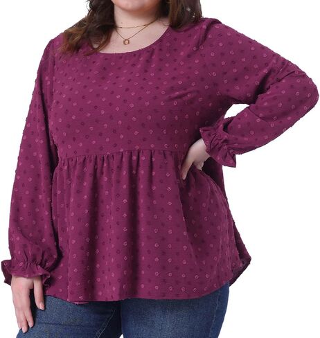 Agnes Orinda Plus Size Tops for Women Babydoll Round Neck Long Sleeve Tiered Swiss Dots Blouses in Saudi Arabia