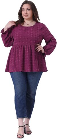 Agnes Orinda Plus Size Tops for Women Babydoll Round Neck Long Sleeve Tiered Swiss Dots Blouses in Saudi Arabia