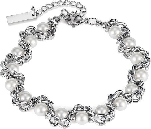 Faux Pearl Chain Bracelet for Women, White Silver Gold Plated Stainless Steel Link Cuff Bridal Wedding Christmas Valentine's Day Mother's Day Anniversary Birthday Jewelry Gifts Box for Her in Kuwait