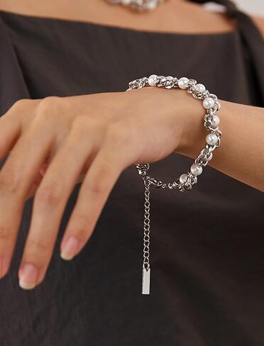Faux Pearl Chain Bracelet for Women, White Silver Gold Plated Stainless Steel Link Cuff Bridal Wedding Christmas Valentine's Day Mother's Day Anniversary Birthday Jewelry Gifts Box for Her in Kuwait