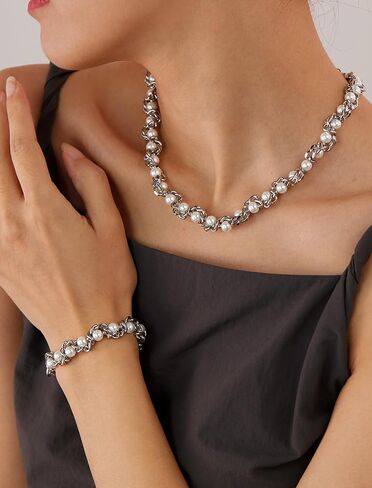 Faux Pearl Chain Bracelet for Women, White Silver Gold Plated Stainless Steel Link Cuff Bridal Wedding Christmas Valentine's Day Mother's Day Anniversary Birthday Jewelry Gifts Box for Her in Kuwait