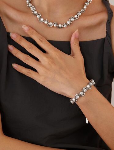 Faux Pearl Chain Bracelet for Women, White Silver Gold Plated Stainless Steel Link Cuff Bridal Wedding Christmas Valentine's Day Mother's Day Anniversary Birthday Jewelry Gifts Box for Her in Kuwait