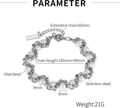 Faux Pearl Chain Bracelet for Women, White Silver Gold Plated Stainless Steel Link Cuff Bridal Wedding Christmas Valentine's Day Mother's Day Anniversary Birthday Jewelry Gifts Box for Her in Kuwait