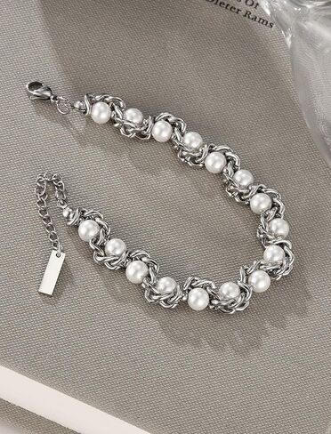 Faux Pearl Chain Bracelet for Women, White Silver Gold Plated Stainless Steel Link Cuff Bridal Wedding Christmas Valentine's Day Mother's Day Anniversary Birthday Jewelry Gifts Box for Her in Kuwait