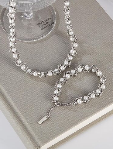 Faux Pearl Chain Bracelet for Women, White Silver Gold Plated Stainless Steel Link Cuff Bridal Wedding Christmas Valentine's Day Mother's Day Anniversary Birthday Jewelry Gifts Box for Her in Kuwait