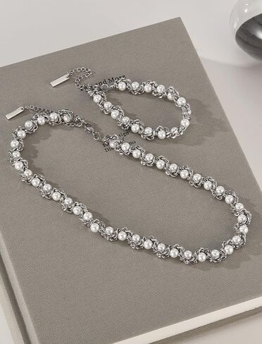 Faux Pearl Chain Bracelet for Women, White Silver Gold Plated Stainless Steel Link Cuff Bridal Wedding Christmas Valentine's Day Mother's Day Anniversary Birthday Jewelry Gifts Box for Her in Kuwait