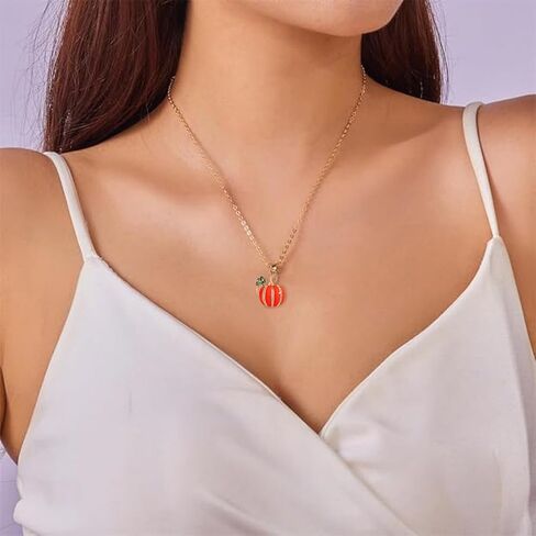 Dtja Rhinestone Pumpkin Pendant Necklace for Women Gold-Tone Fashion Enamel Halloween Thanksgiving Green Leaf Charms Link Chain Adjustable Cute Fall Holiday Festival Jewelry Gift Souvenir 18" in Saudi Arabia