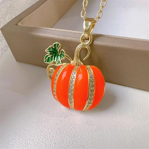 Dtja Rhinestone Pumpkin Pendant Necklace for Women Gold-Tone Fashion Enamel Halloween Thanksgiving Green Leaf Charms Link Chain Adjustable Cute Fall Holiday Festival Jewelry Gift Souvenir 18" in Saudi Arabia