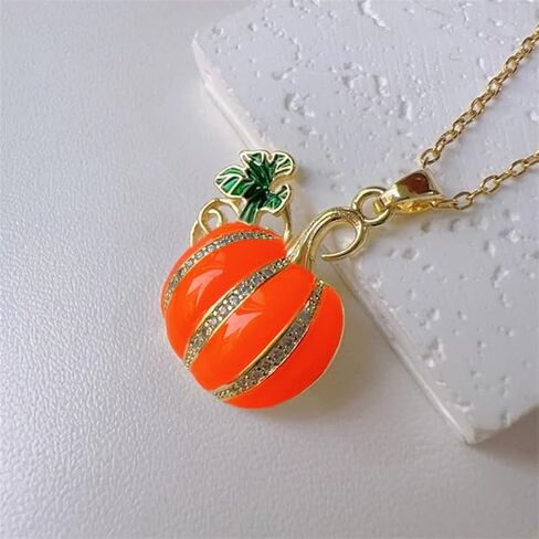 Dtja Rhinestone Pumpkin Pendant Necklace for Women Gold-Tone Fashion Enamel Halloween Thanksgiving Green Leaf Charms Link Chain Adjustable Cute Fall Holiday Festival Jewelry Gift Souvenir 18" in Saudi Arabia