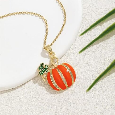 Dtja Rhinestone Pumpkin Pendant Necklace for Women Gold-Tone Fashion Enamel Halloween Thanksgiving Green Leaf Charms Link Chain Adjustable Cute Fall Holiday Festival Jewelry Gift Souvenir 18" in Saudi Arabia