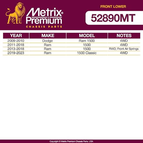 أجزاء هيكل Metrix Premium - وصلة كروية سفلية أمامية تناسب 2013-2018 Ram 1500 RWD، 2019-2023 Ram 1500 Classic RWD، استبدال K500286، صنع في أوروبا in Saudi Arabia