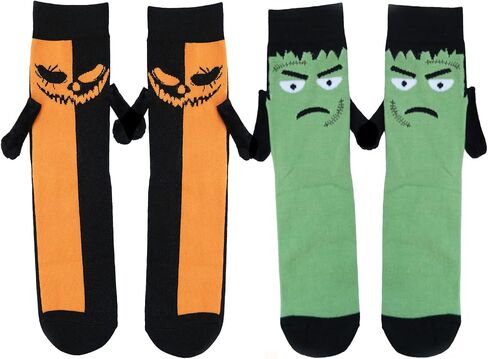 2 Pairs Halloween Holding Hands Socks Bat Ghost Spooky Couple Socks for Men Women Novelty Funny Sock for Halloween Adult Gifts (A) in Saudi Arabia