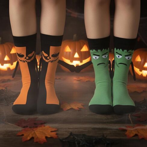 2 Pairs Halloween Holding Hands Socks Bat Ghost Spooky Couple Socks for Men Women Novelty Funny Sock for Halloween Adult Gifts (A) in Saudi Arabia