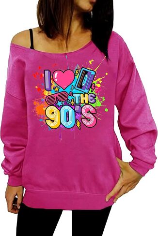 90s Outfit for Women Sexy Off The Shoulder Sweatshirt I Love The 90's Shirt Oversized Long Sleeve Pullover Top in Saudi Arabia