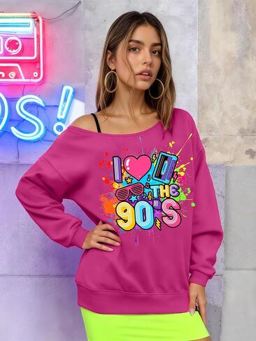 90s Outfit for Women Sexy Off The Shoulder Sweatshirt I Love The 90's Shirt Oversized Long Sleeve Pullover Top in Saudi Arabia