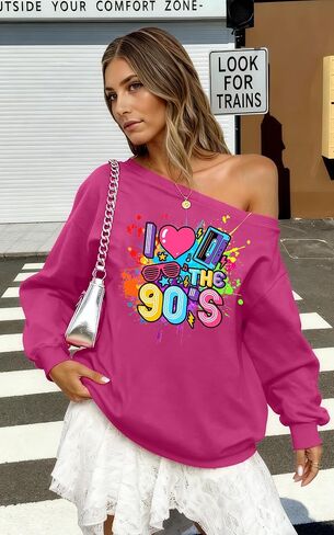 90s Outfit for Women Sexy Off The Shoulder Sweatshirt I Love The 90's Shirt Oversized Long Sleeve Pullover Top in Saudi Arabia