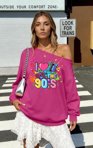 90s Outfit for Women Sexy Off The Shoulder Sweatshirt I Love The 90's Shirt Oversized Long Sleeve Pullover Top in Saudi Arabia