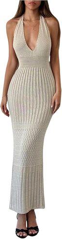 GORGLITTER Women's Crochet Halter Maxi Dress Backless Deep V Neck Bodycon Long Knit Dresses in Saudi Arabia