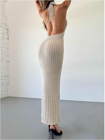 GORGLITTER Women's Crochet Halter Maxi Dress Backless Deep V Neck Bodycon Long Knit Dresses in Saudi Arabia