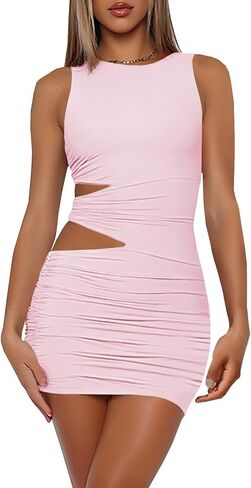 Women's Sexy Bodycon Ruched Sleeveless Cut Out Club Party Short Mini Dresses in Kuwait